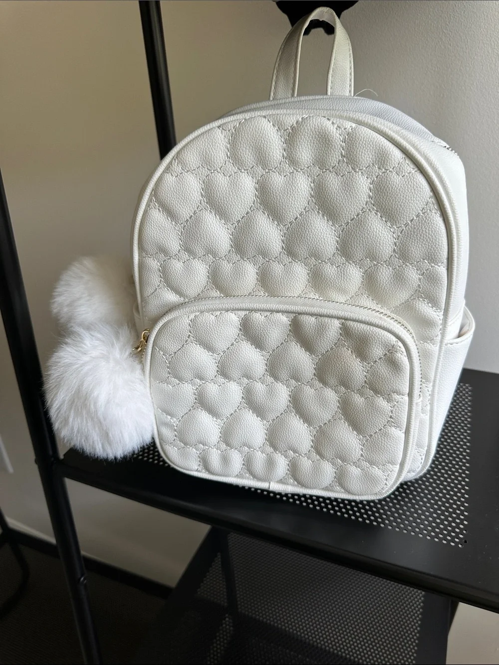 White Quilted Heart Mini Backpack with Pom Pom